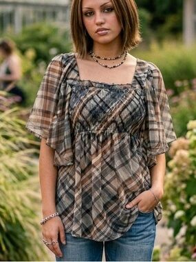 Reitmans Brown and Cream Plaid Flutter-Sleeve Blouse Y2K Medium